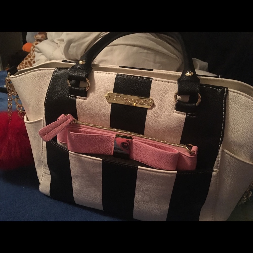 Betsey Johnson purse & makeup bag, & fur ball.